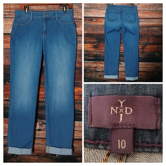 NYDJ Jeans Size 10 Sylvia Relaxed Boyfriend Cuffed Blue Denim Stretch USA Made - Picture 1 of 10
